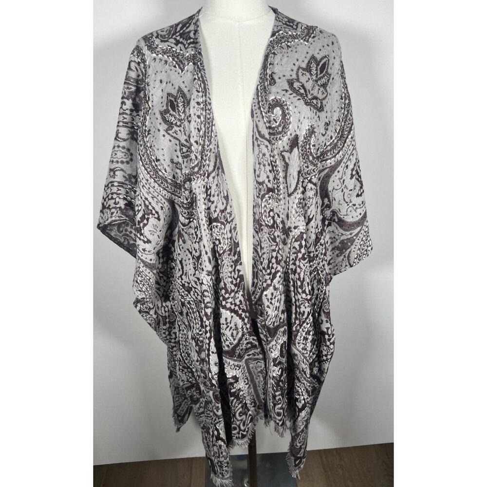 J. Jill Wearever brown beaded fringe paisley open cardigan festival OS boho